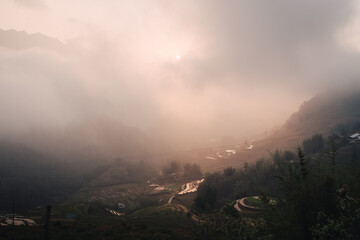 An amazing view into the mountain valley early in the morning