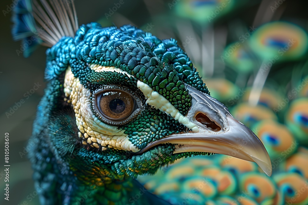 Poster a close up of a peacock with many feathers in the background