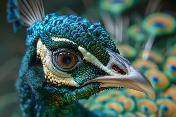 a close up of a peacock with many feathers in the background - obrazy, fototapety, plakaty