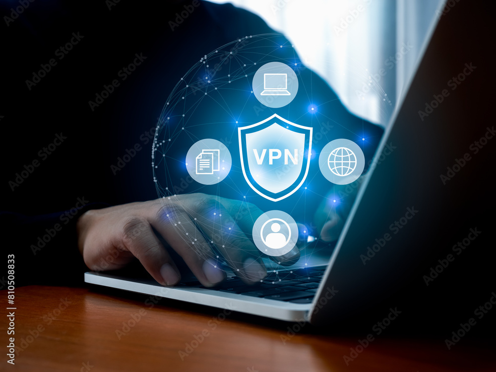 Poster vpn, virtual private network service to protect privacy online concept. business technology security