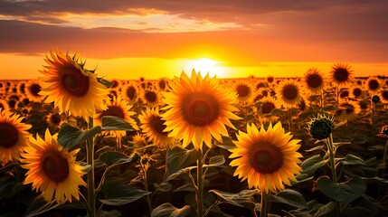 A field of sunflowers at sunset background.