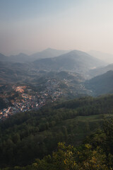 An amazing view into the mountain valley early in the morning