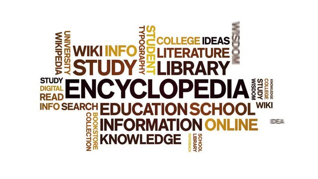 Encyclopedia animated word cloud;text design animation tag kinetic typography seamless loop.