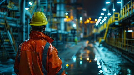 A worker clad in orange safety raincoat and helmet focused on inspecting a wet industrial facility.