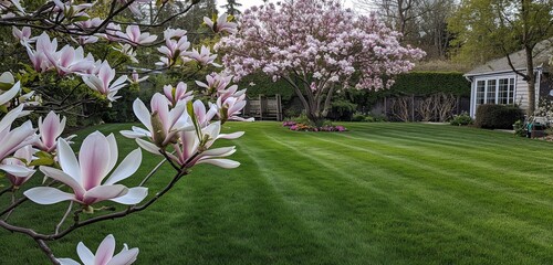 A backyard in early spring, with a blooming magnolia tree, its pink and white petals contrasting...