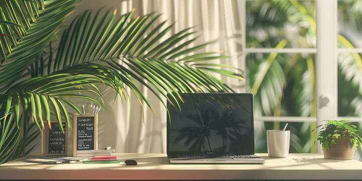  Palm Tree Productivity: A desk adorned with palm tree decor, a laptop, and motivational quotes, evoking a tropical atmosphere and boosting creativity