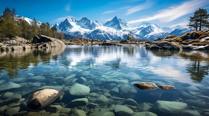 Stunning mountain lake landscape with crystal clear water and snow capped peaks in the distance