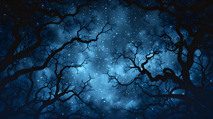 tree branches silhouetted against the night sky, with stars twinkling in the background.