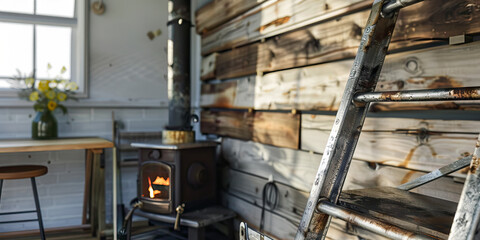 Timber Desk: An industrial-chic workspace showcasing reclaimed wood and metal accents, such as a vintage ladder shelf and a woodburning stove, highlighting the rich timber history of the region