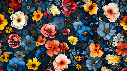 vibrant floral pattern with various shades of blue, red and yellow flowers on a dark background.