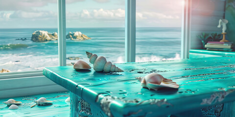 Pacific Coast Desk: A coastal-inspired workstation with a turquoise desk and seashell accents, featuring a panoramic ocean view, evoking the calm and serene vibes of the Pacific Northwest coastline.