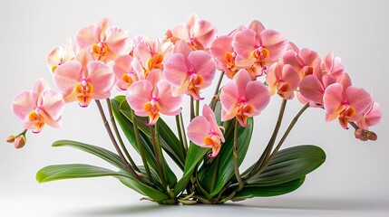 A beautiful arrangement of pink orchids. The delicate petals of the flowers are arranged in a perfect symmetry, creating a stunning display of natural beauty.
