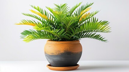 Fototapeta premium A beautiful potted Sago Palm plant with bright green leaves. The plant is placed on a white table against a white background.