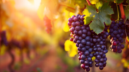 bunch of grapes, Grapes hanging on the vine in an orchard at sunset. The grapes have dark purple hues and are glistening under warm sunlight