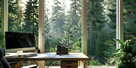 Northern Exposure Desk: A bright and spacious workstation with large windows overlooking lush evergreen forests, evoking the serene and peaceful atmosphere of the Pacific Northwest