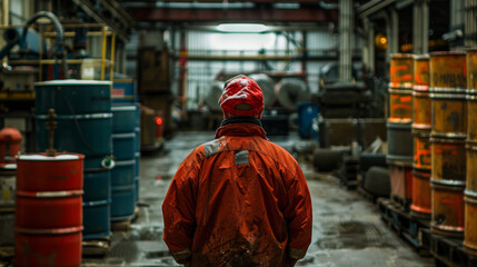 Rear view of a worker in protective gear overlooking a busy, cluttered industrial site with vibrant visual interest.