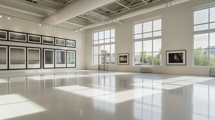 A bright, airy photography gallery with high ceilings, large windows allowing natural light to highlight framed black and white photos. 32k, full ultra hd, high resolution