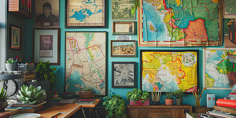Portland Creative Desk: A colorful and eclectic workspace adorned with vintage maps, succulents, and local art, paying homage to Portland's eccentric culture and thriving art scene
