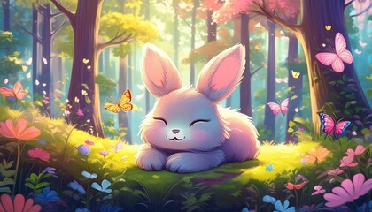 따뜻한 봄날, 숲속에서 잠자고 있는 귀여운 아기 토끼