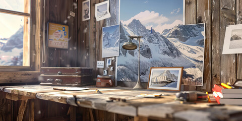 Mountain Desk: A rustic and warm workspace featuring an old-fashioned wooden desk, surrounded by photos of towering peaks and ski resorts, highlighting the rugged beauty of the Rocky Mountains.