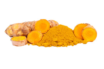 a heap of turmeric powder with some turmeric rhizome slices isolated transparent