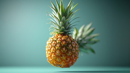 Suspended pineapple chunks, evenly spaced, green background, professional studio photography, hyperrealistic, minimalism, negative space, high detail, precise focus