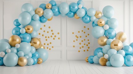 Elegant Light Blue and Gold Balloon Arch Backdrop with White Wall and Floor