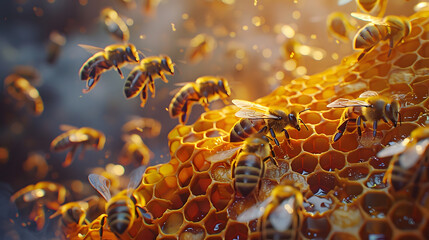 honey bee on the hive with blurred background