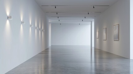 A sleek modern art gallery with white walls and a polished concrete floor, minimalistic light...