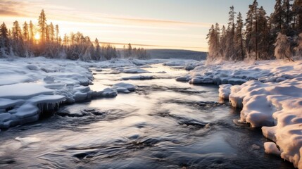 beautiful natural scenery in winter. The setting sun provides a backdrop that casts light on the flowing river and the snowy trees stand on both sides of the river