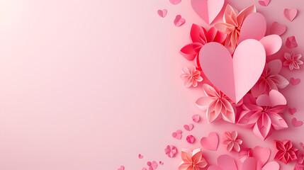 Valentine's day card template with paper heart shaped decorations and flowers 3d style design unique elegant  charming 
