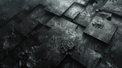 Black and gray rough tiles with a puddle of water on it.