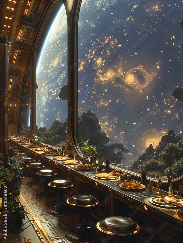 Fototapete craft a high-angle view of a cosmic culinary feast in orbit, blending traditional watercolor with fu