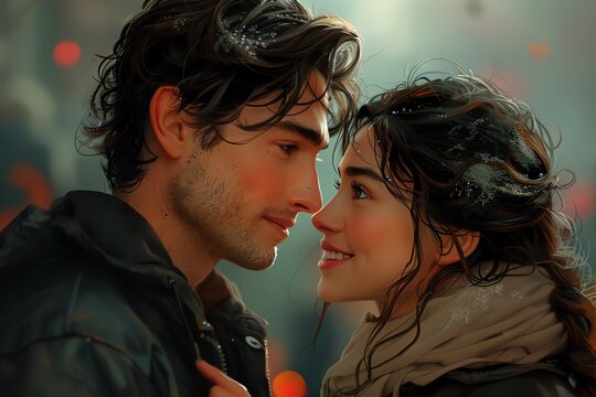 Design a sleek side profile of a couple in a romantic comedy