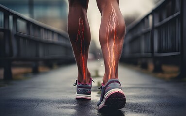 man with muscle calf pain and leg pain from walking and exercising.