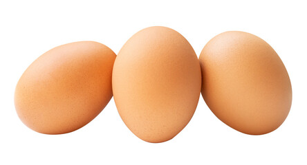 Front view of three fresh brown chicken eggs in stack isolated with clipping path in png file format