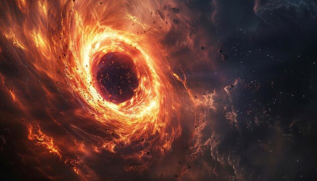 Captivate viewers with a photorealistic close-up, showcasing intricate swirling details of a supermassive black hole in stunning CG 3D,