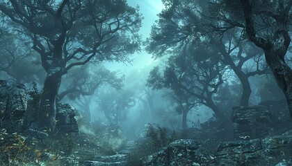 Capture a mesmerizing tilted angle view of a misty forest, with ancient trees, and hidden paths Employ a digital photorealistic technique to enhance the mysterious aura