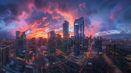 Obraz premium Capture a mesmerizing wide-angle view of a bustling cityscape at twilight, blending a paradoxical mix of solitude and liveliness through vibrant colors and stark contrasts