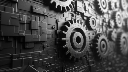 Black and gray gears form a mechanical pattern on a black background.