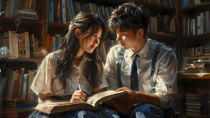 Two students in uniform sharing notes and discussing a lesson together in a cozy corner of the...