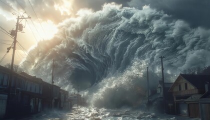 Fototapeta premium Capture the sheer force and magnitude of a tsunami from a low-angle perspective, with towering waves crashing down in a photorealistic digital illustration