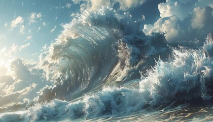 Capture the sheer force and magnitude of a tsunami from a low-angle perspective, with towering waves crashing down in a photorealistic digital illustration