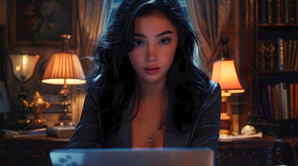 With a slight smile playing on her lips, the office girl types away on her laptop, her three-piece suit tailored to perfection, accentuating her figure