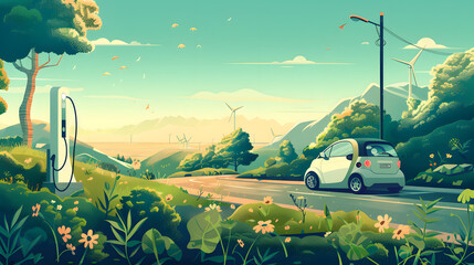 artificial intelligence and eco-consciousness amidst a journey towards sustainable living.electric vehicles navigate through eco-friendly landscapes amidst the backdrop of climate change challenges