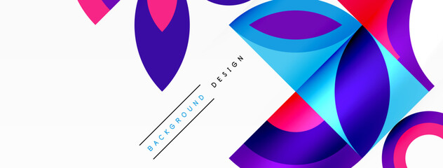 An artistic composition featuring Azure, Violet, Magenta, and Electric blue geometric shapes like triangles, rectangles, and circles on a white background
