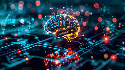 machine learning algorithms and big data analytics illustrated through a dynamic visualization .human brain as a circuit board,.dynamic interplay between human mind cognition, artificial intelligence.