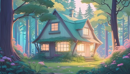 화창한 날 숲속의 오두막집