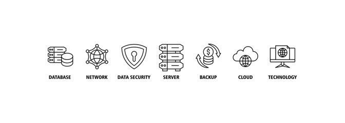 Data center banner web icon set vector illustration concept with icon of database, network, data security, server, backup, cloud and technology
