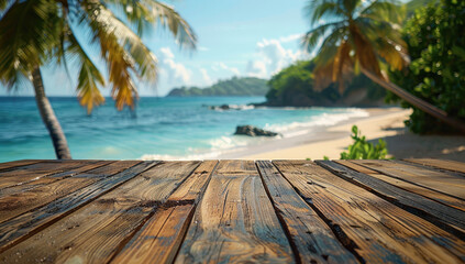  A wooden table top with a tropical beach background, with the sun setting in the distance and palm trees growing along the shore. Created with Ai